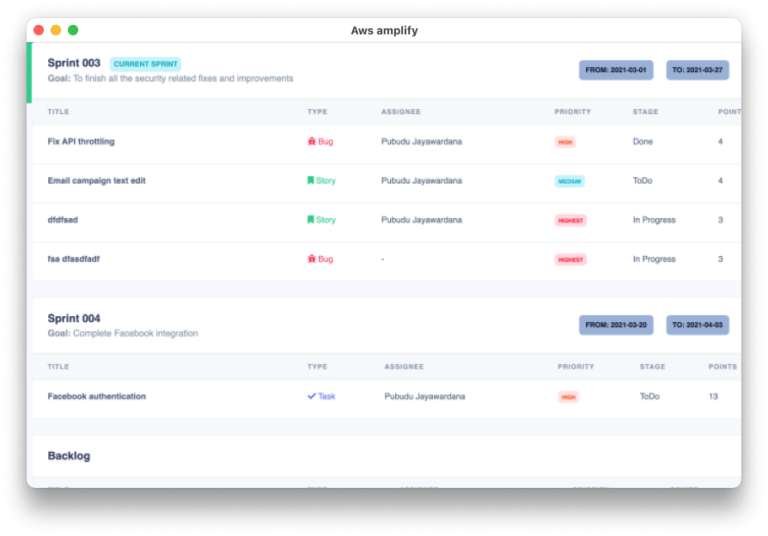 Interface du tableau de bord de AWS Amplify pour la gestion des applications cloud.