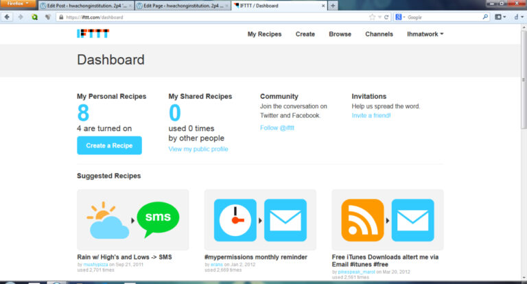Interface du tableau de bord de IFTTT pour la gestion des automatisations.