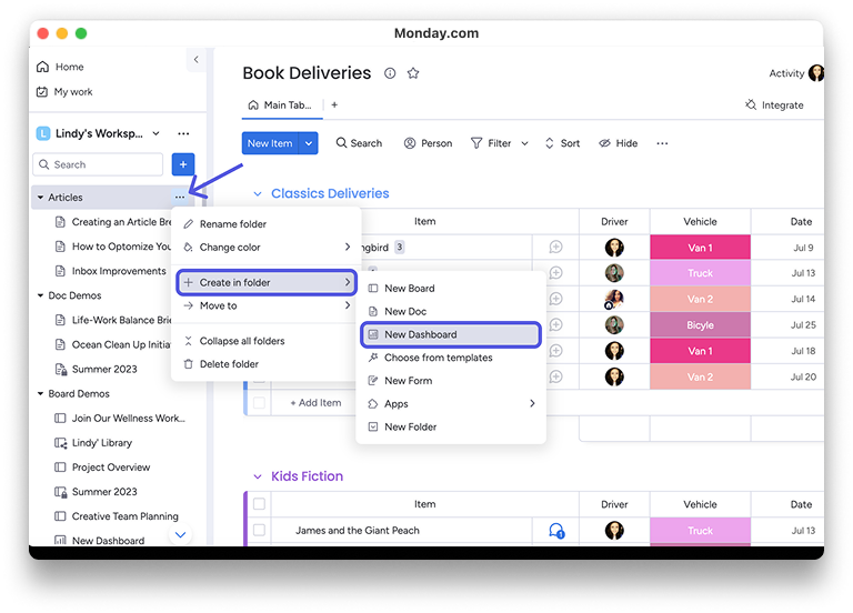Interface du tableau de bord de Monday.com pour la gestion de projet.