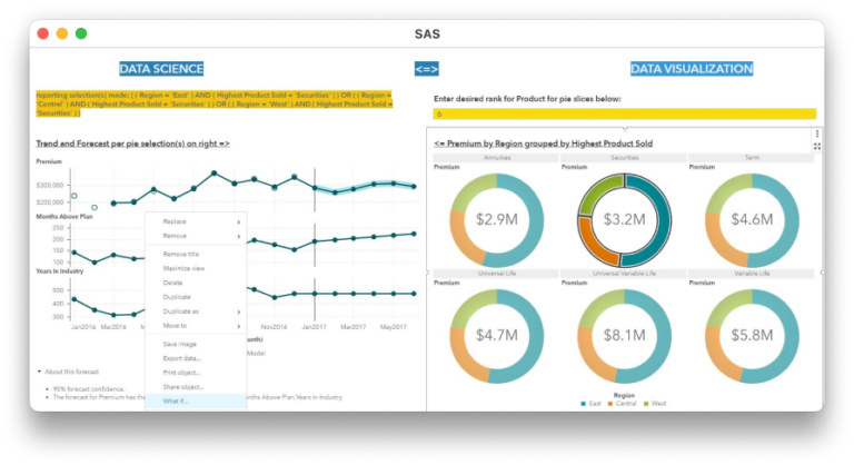 Interface du tableau de bord de SAS pour l’analyse et la visualisation des données.