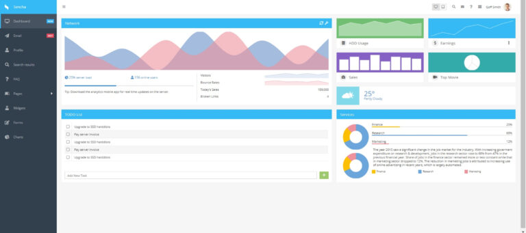 Interface du tableau de bord de Sencha pour la gestion des projets web et mobiles.