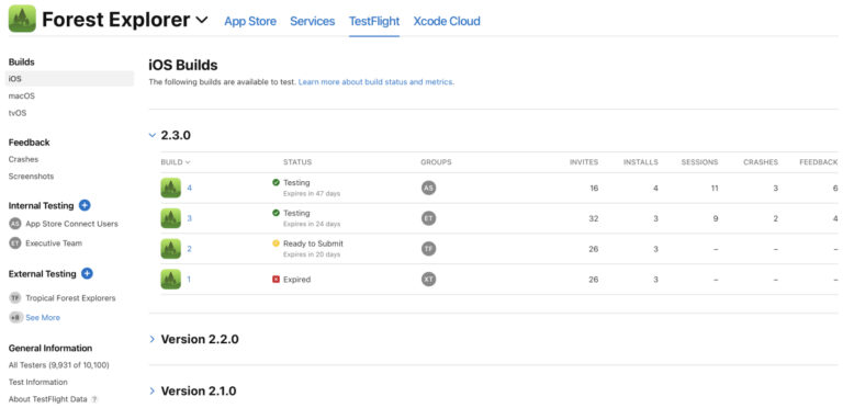Interface du tableau de bord de TestFlight pour la gestion des tests bêta d’applications iOS.