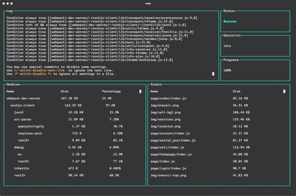 Interface du tableau de bord de Webpack pour la gestion des dépendances et des bundles.