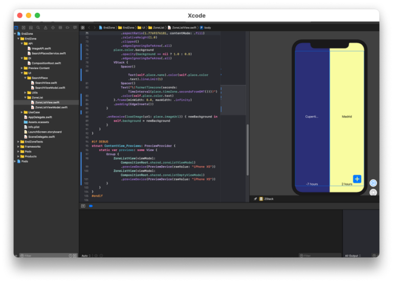 Interface du tableau de bord de Xcode pour le développement et le test d’applications iOS et macOS.