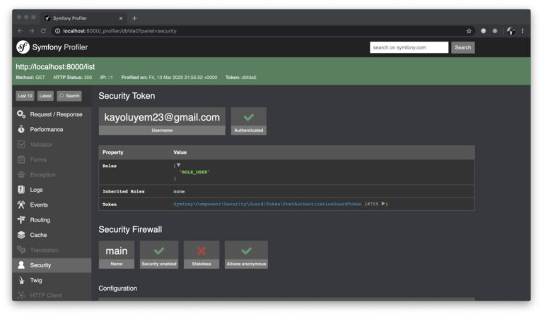Interface du tableau de bord de Symfony pour la gestion des projets web.